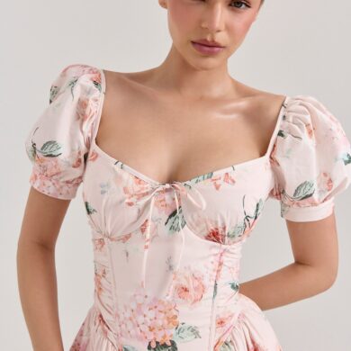 Peach Floral Cotton Puff Sleeve Midi Dress